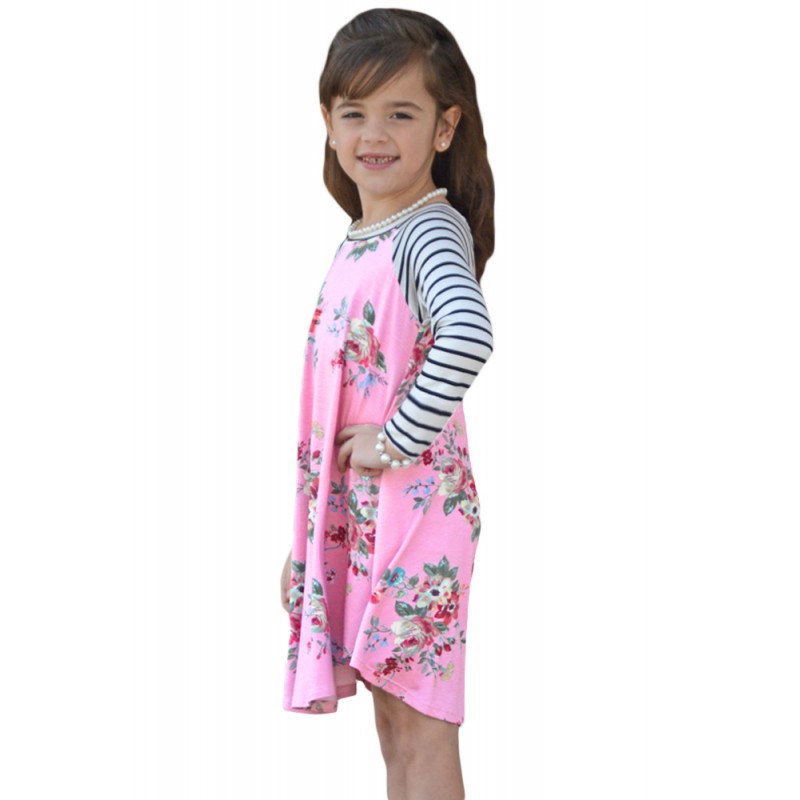 Pink Spring Fling Floral Striped Sleeve Short Dress for Kids Pink Spring Fling Floral Striped Sleeve Short Dress for Kids