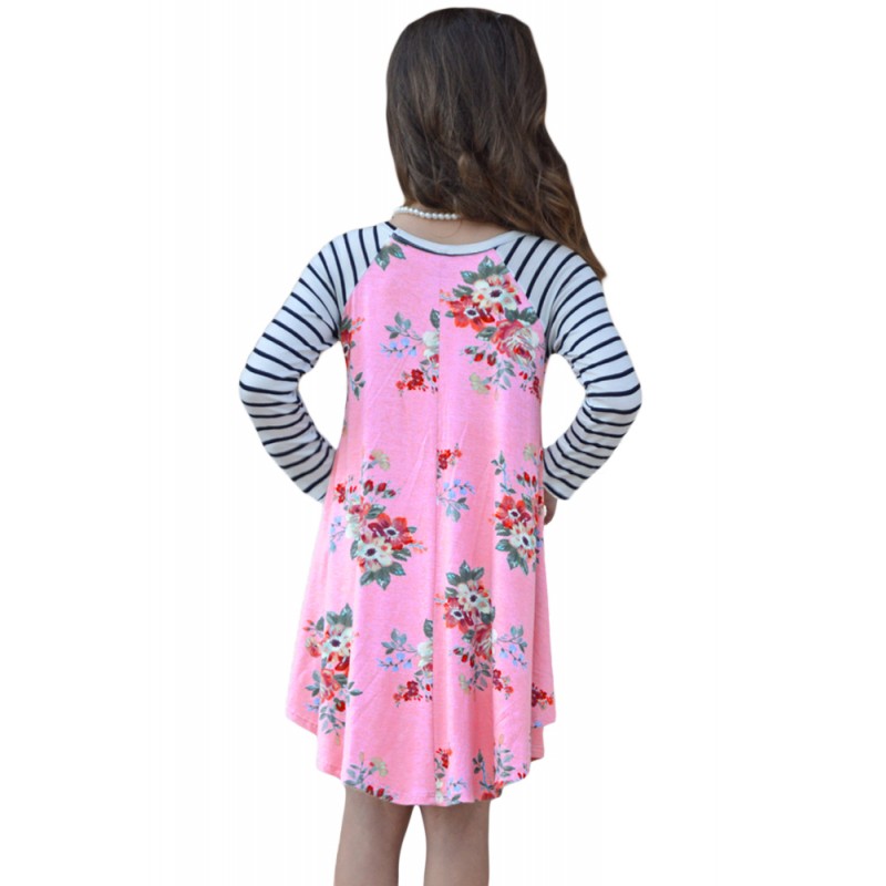 Pink Spring Fling Floral Striped Sleeve Short Dress for Kids Pink Spring Fling Floral Striped Sleeve Short Dress for Kids
