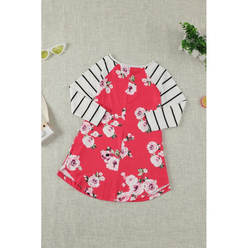 Red Spring Fling Floral Striped Sleeve Short Dress for Kids Red Spring Fling Floral Striped Sleeve Short Dress for Kids