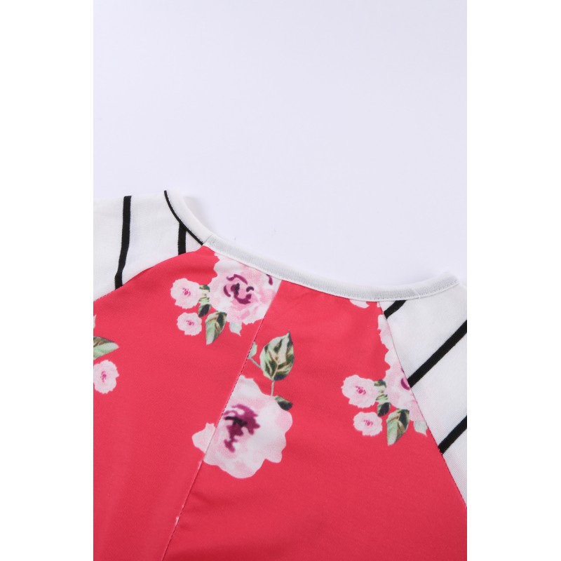 Red Spring Fling Floral Striped Sleeve Short Dress for Kids Red Spring Fling Floral Striped Sleeve Short Dress for Kids