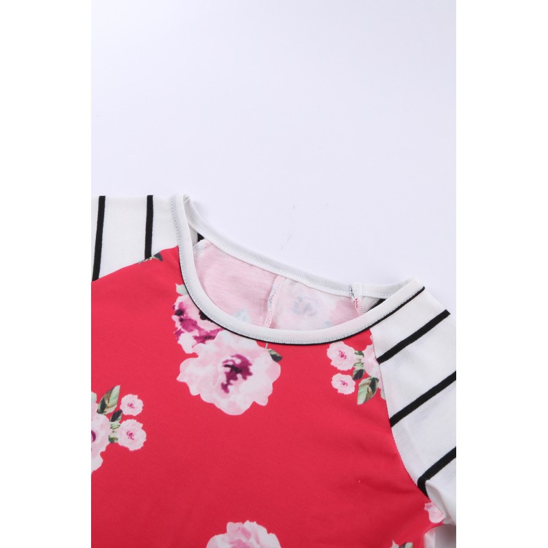 Red Spring Fling Floral Striped Sleeve Short Dress for Kids Red Spring Fling Floral Striped Sleeve Short Dress for Kids