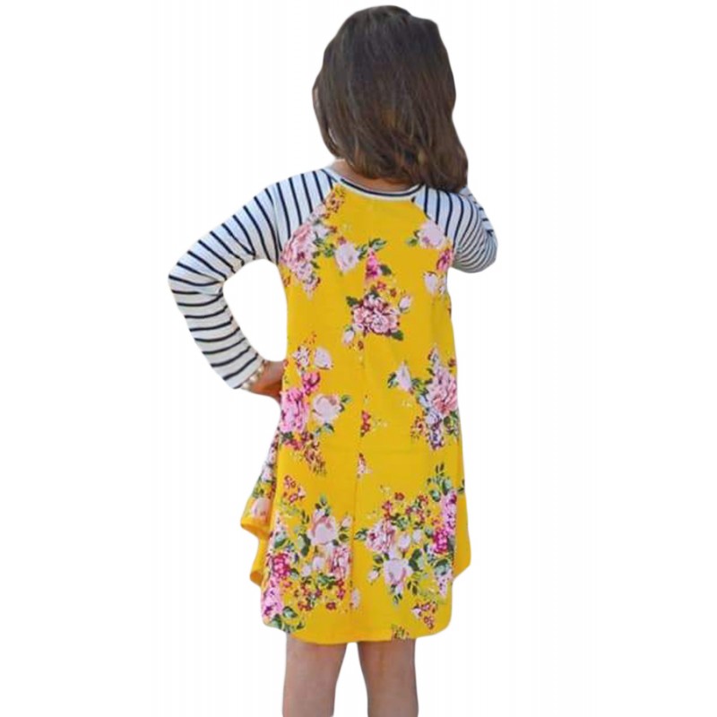 Yellow Spring Fling Floral Striped Sleeve Short Dress for Kids Yellow Spring Fling Floral Striped Sleeve Short Dress for Kids