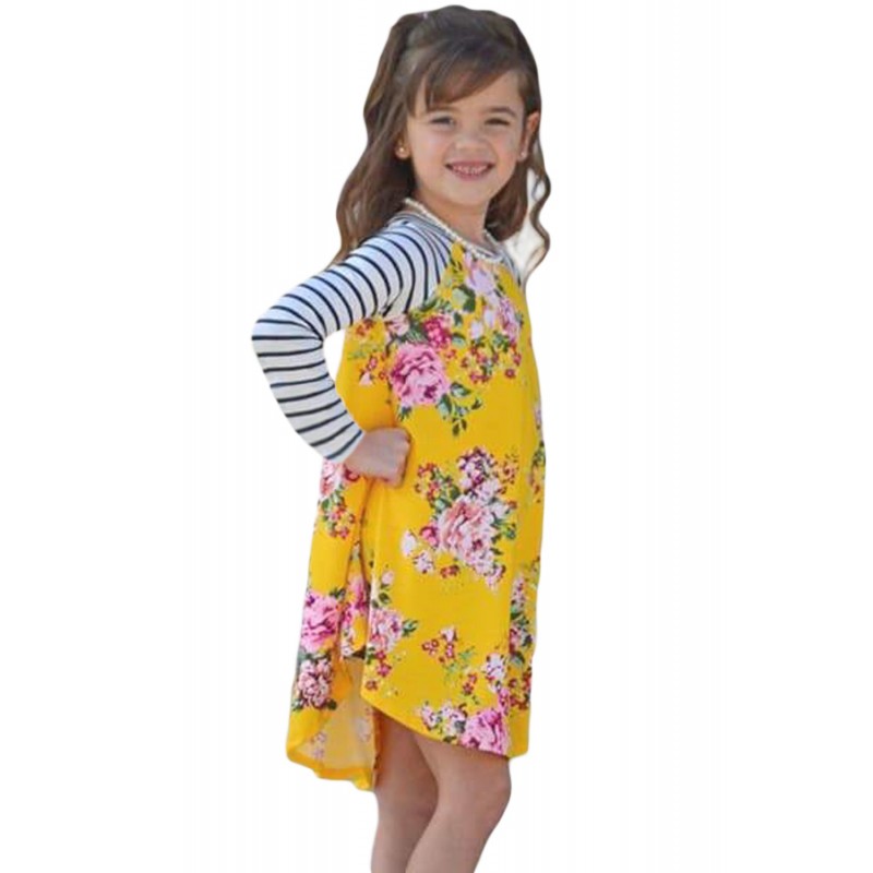 Yellow Spring Fling Floral Striped Sleeve Short Dress for Kids Yellow Spring Fling Floral Striped Sleeve Short Dress for Kids