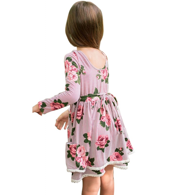 Red Sweet Striped Floral Kids Dress Red Sweet Striped Floral Kids Dress
