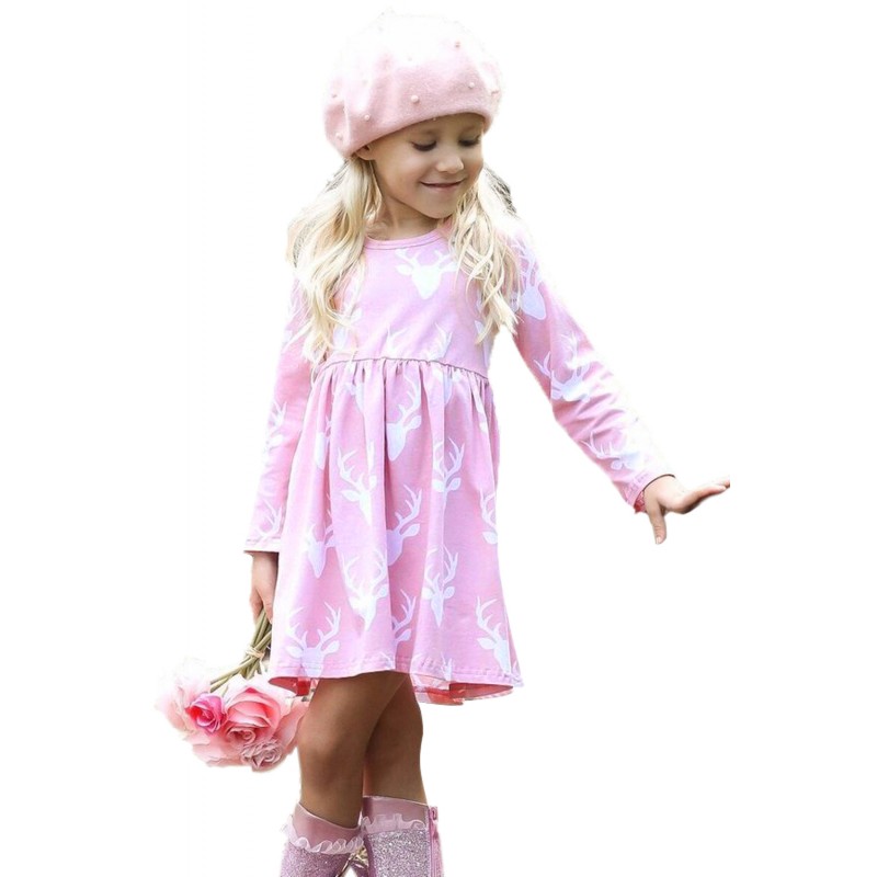 Pink Christmas Deer Print Long Sleeve Girl Dress Pink Christmas Deer Print Long Sleeve Girl Dress