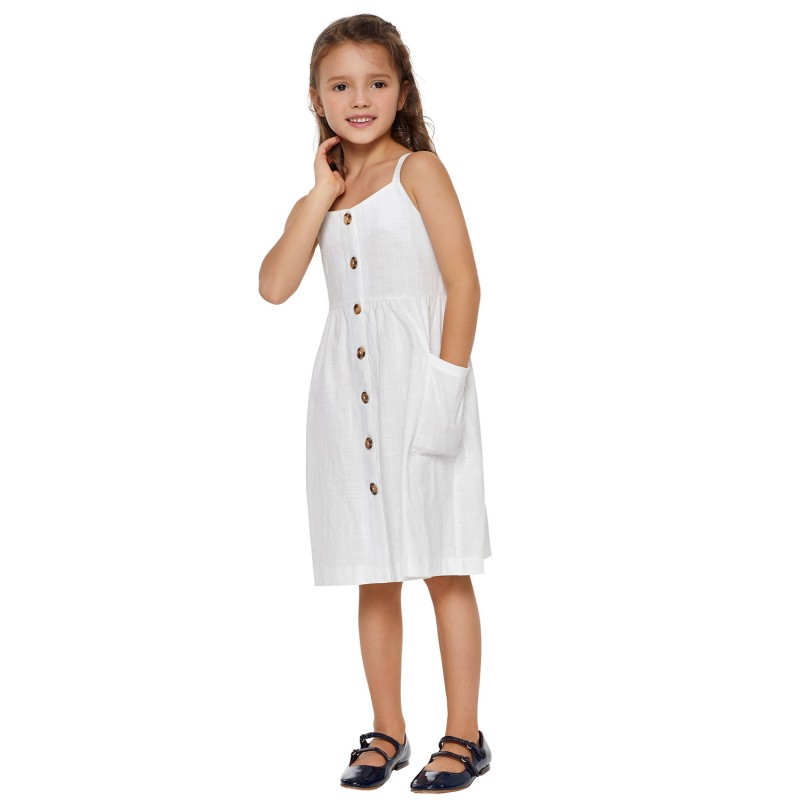 White Little Girls Spaghetti Strap Button Dress with Pockets White Little Girls Spaghetti Strap Button Dress with Pockets