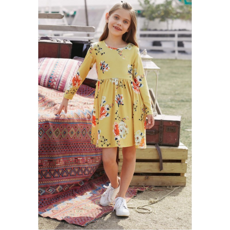 Floral Mustard Swing Dress with Hidden Pockets Floral Mustard Swing Dress with Hidden Pockets