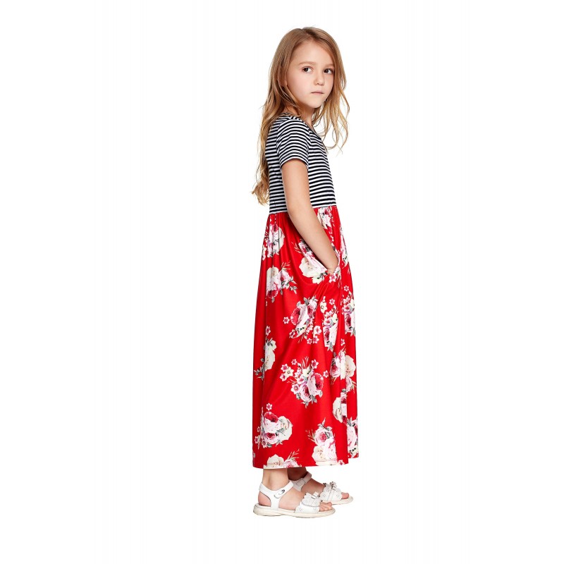 Red Striped Floral Print Little Girls Maxi Dress Red Striped Floral Print Little Girls Maxi Dress