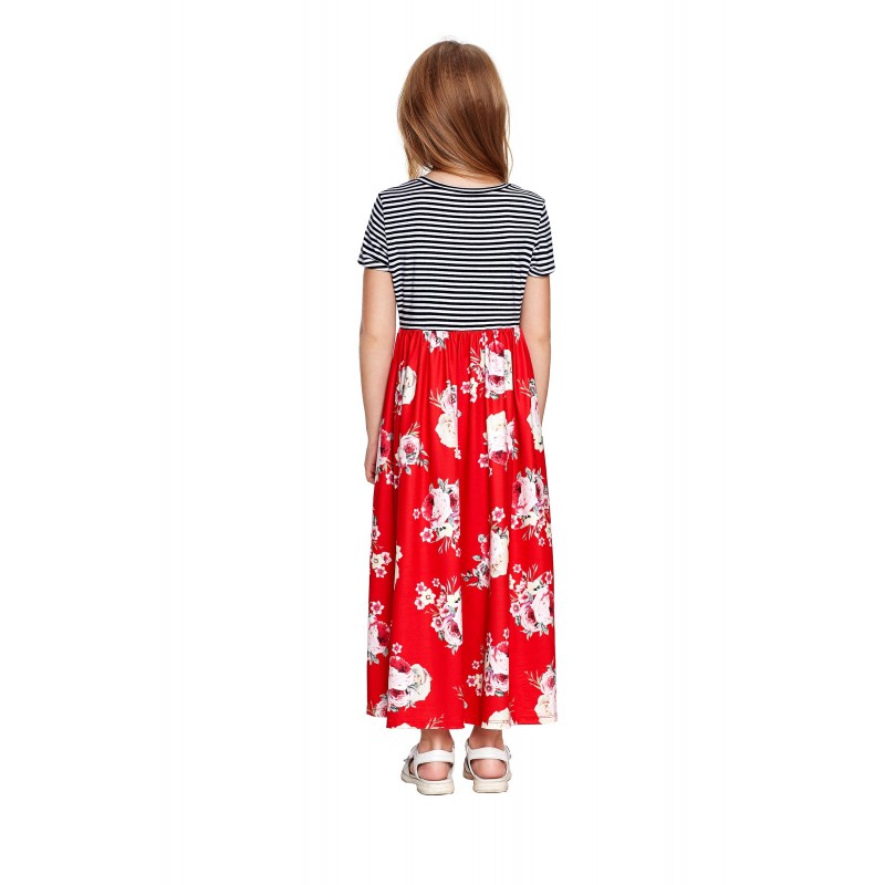 Red Striped Floral Print Little Girls Maxi Dress Red Striped Floral Print Little Girls Maxi Dress
