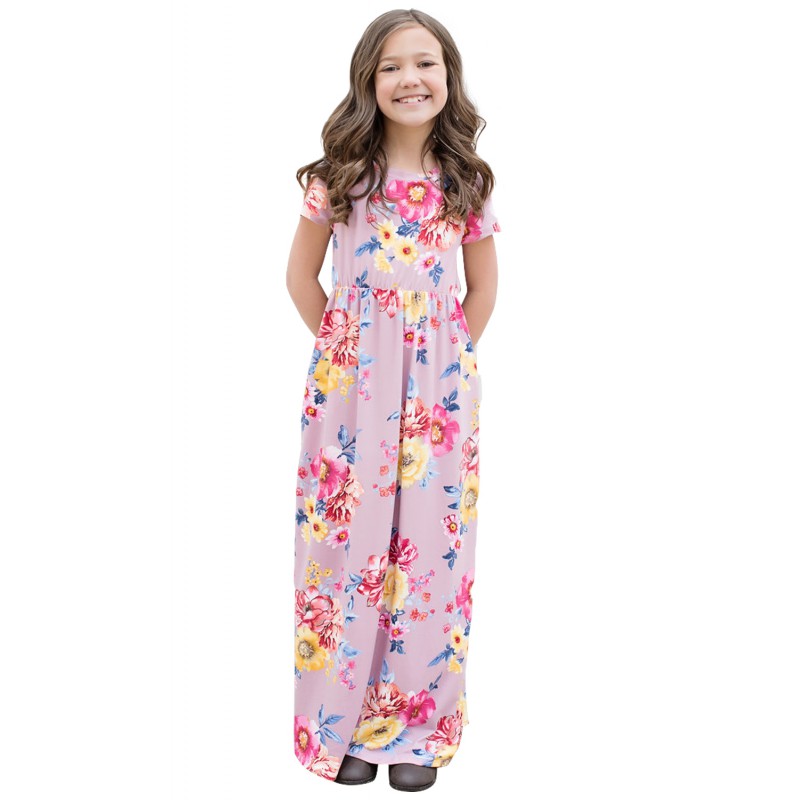 Purple Short Sleeve Floral Print Loose Casual Maxi Dress with Pockets