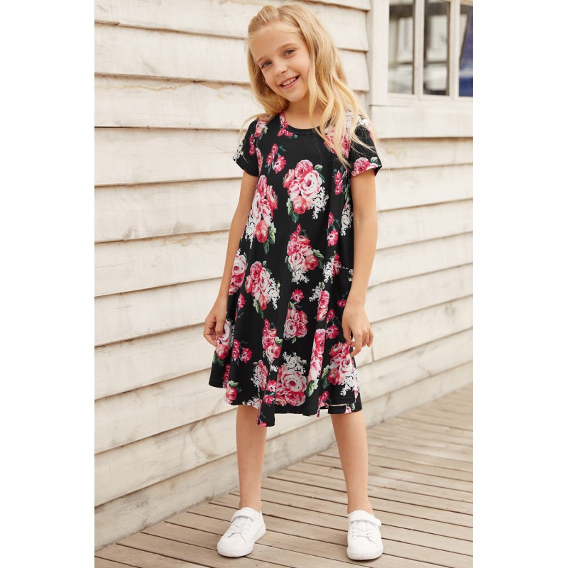 Black Floral Girls T-shirt Midi Dress Black Floral Girls T-shirt Midi Dress