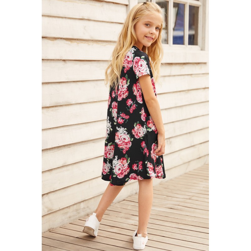 Black Floral Girls T-shirt Midi Dress Black Floral Girls T-shirt Midi Dress