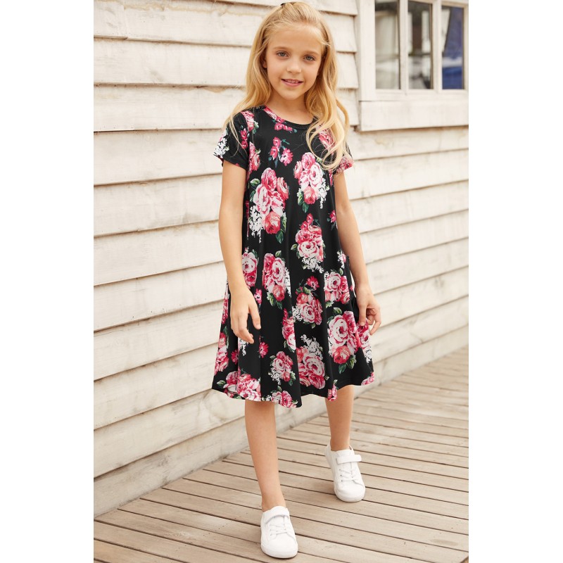 Black Floral Girls T-shirt Midi Dress Black Floral Girls T-shirt Midi Dress