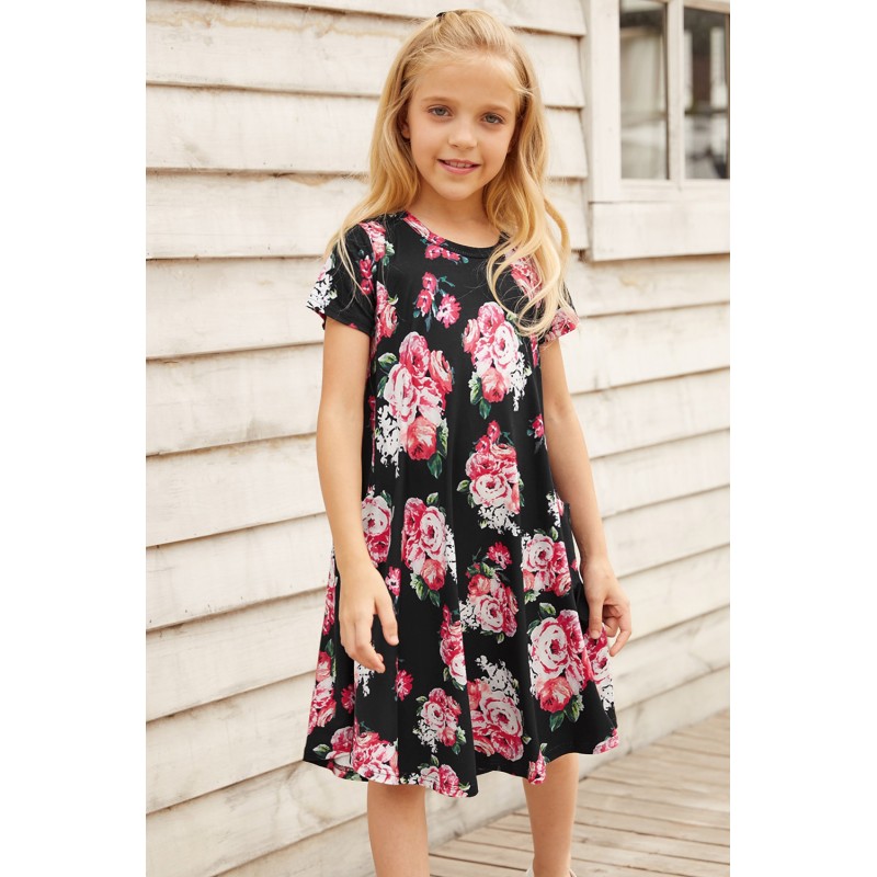 Black Floral Girls T-shirt Midi Dress Black Floral Girls T-shirt Midi Dress