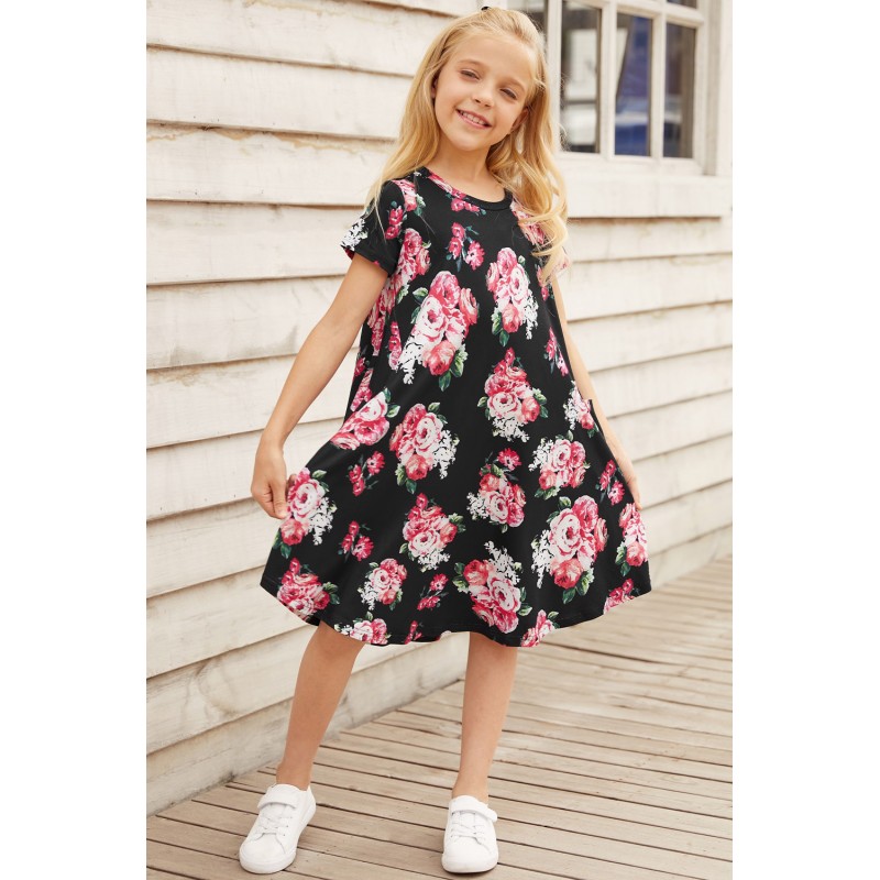 Black Floral Girls T-shirt Midi Dress Black Floral Girls T-shirt Midi Dress