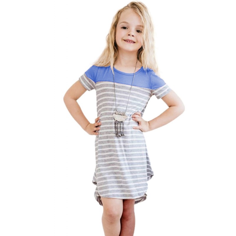 Sky Blue Colorblock Patchwork Striped Girls’ Dress Sky Blue Colorblock Patchwork Striped Girls’ Dress