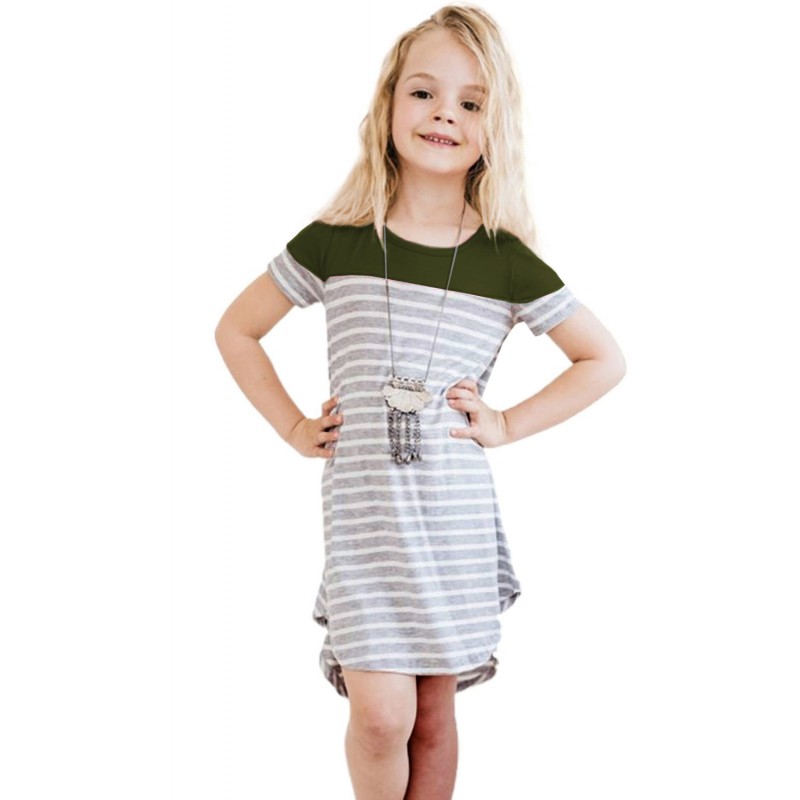 Green Colorblock Patchwork Striped Girls’ Dress Green Colorblock Patchwork Striped Girls’ Dress