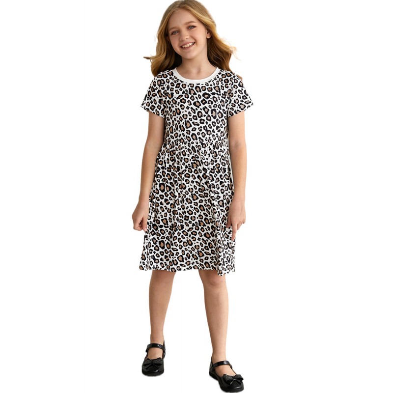 Little Girls' Leopard Print Short Sleeve Mini Dress Little Girls' Leopard Print Short Sleeve Mini Dress