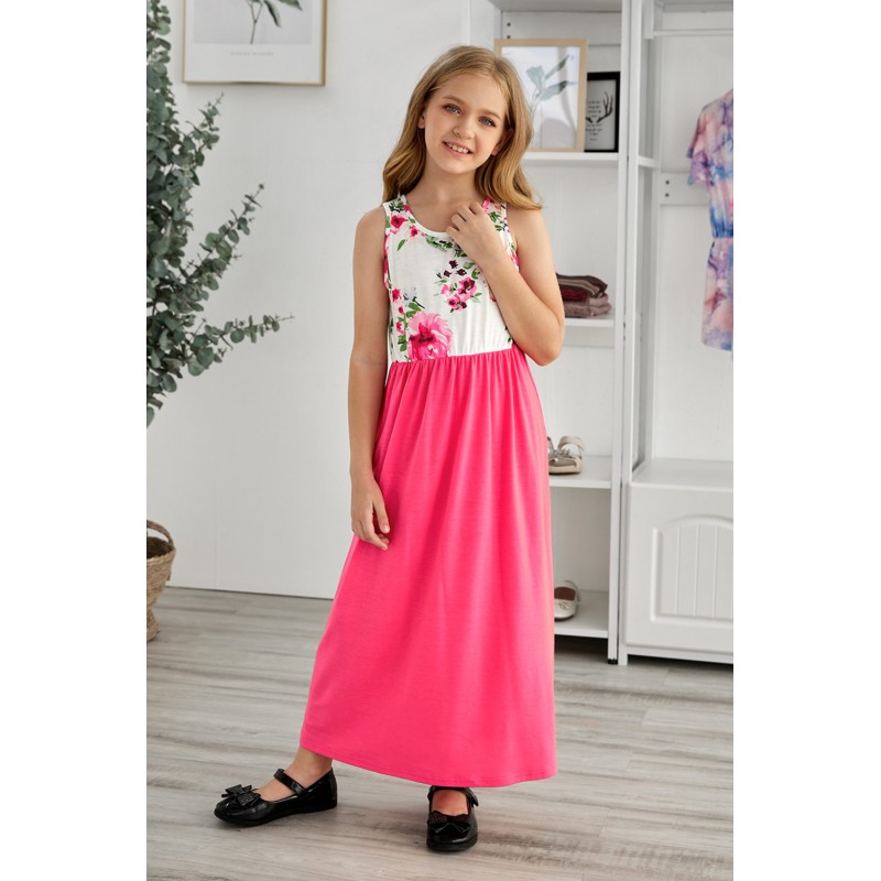 Rose Crewneck Sleeveless Floral Patchwork Kids Maxi Dress Rose Crewneck Sleeveless Floral Patchwork Kids Maxi Dress