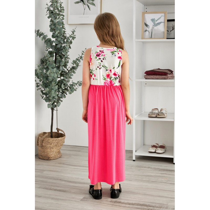 Rose Crewneck Sleeveless Floral Patchwork Kids Maxi Dress Rose Crewneck Sleeveless Floral Patchwork Kids Maxi Dress