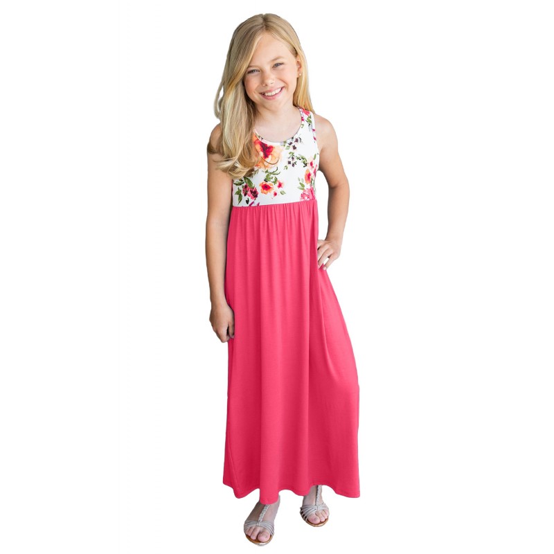 Rose Crewneck Sleeveless Floral Patchwork Kids Maxi Dress Rose Crewneck Sleeveless Floral Patchwork Kids Maxi Dress