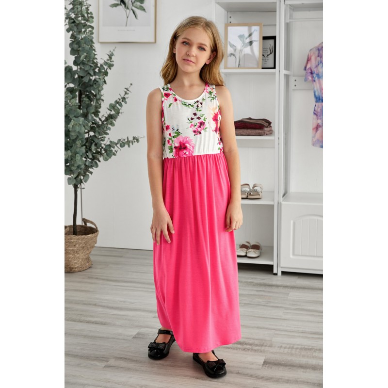 Rose Crewneck Sleeveless Floral Patchwork Kids Maxi Dress Rose Crewneck Sleeveless Floral Patchwork Kids Maxi Dress
