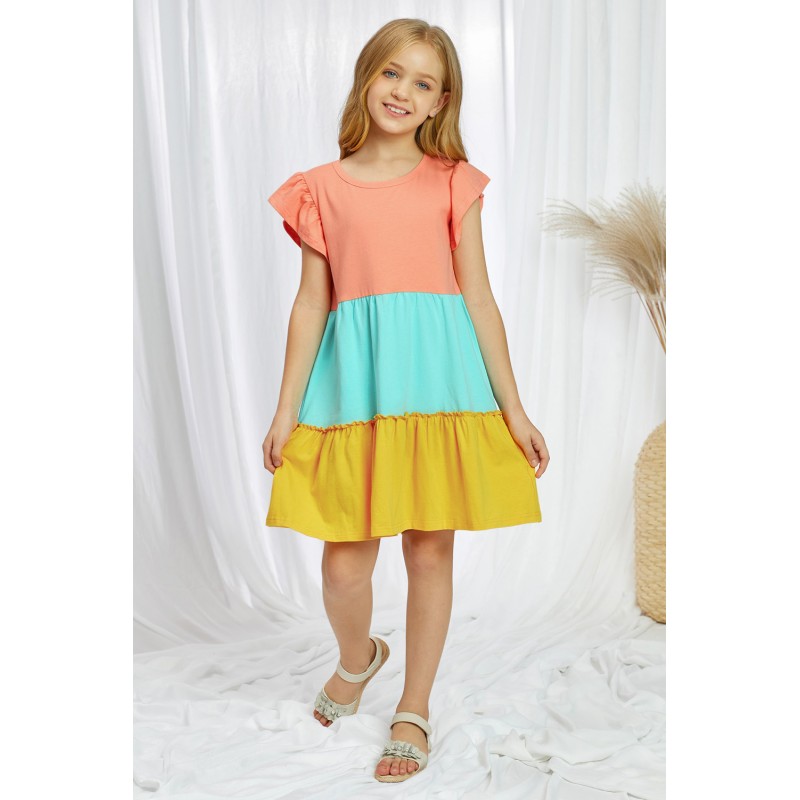 Yellow Ruffled Sleeve Colorblock Kid Dress