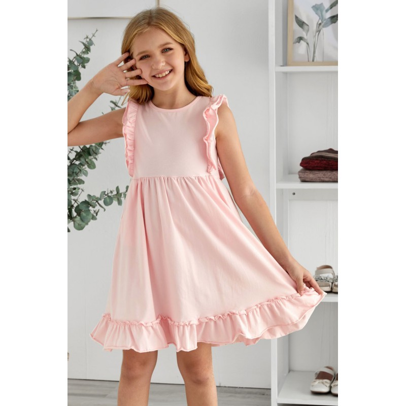 Pink Ruffled Empire Waist Pleated Flowy Kid Dress Pink Ruffled Empire Waist Pleated Flowy Kid Dress