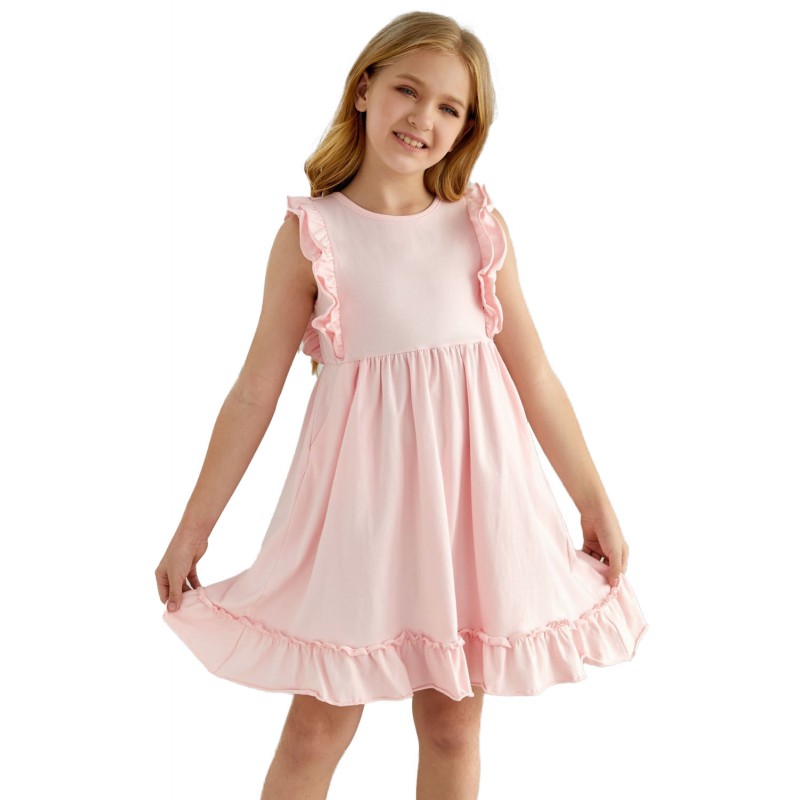 Pink Ruffled Empire Waist Pleated Flowy Kid Dress Pink Ruffled Empire Waist Pleated Flowy Kid Dress