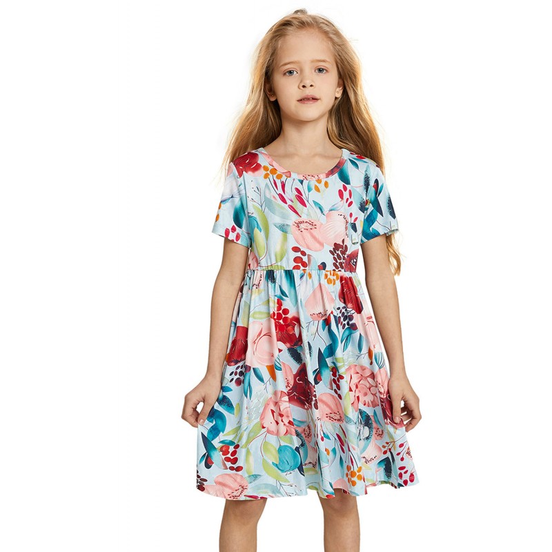 Sky Blue Crewneck Short Sleeve Floral Girl's Midi Dress Sky Blue Crewneck Short Sleeve Floral Girl's Midi Dress