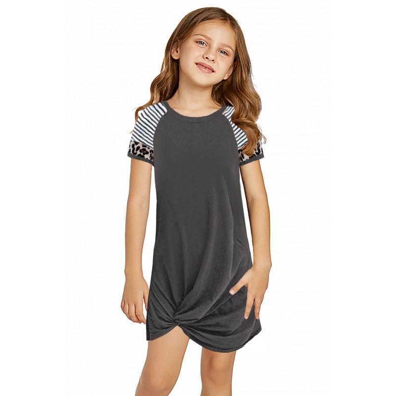 Gray Leopard Striped Splicing Twist Knot Kids Dress Gray Leopard Striped Splicing Twist Knot Kids Dress