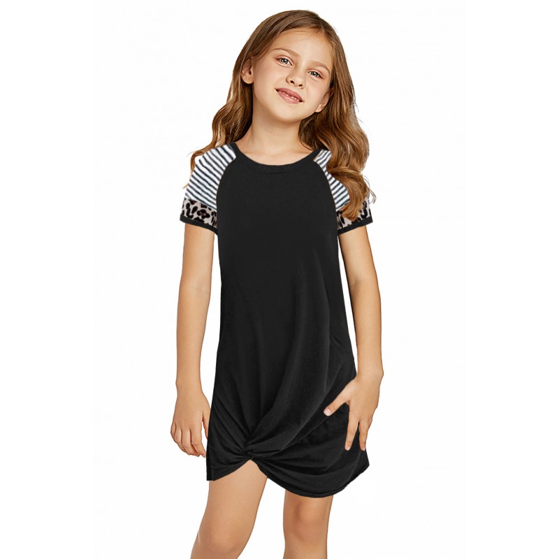 Black Leopard Striped Splicing Twist Knot Kids Dress Black Leopard Striped Splicing Twist Knot Kids Dress