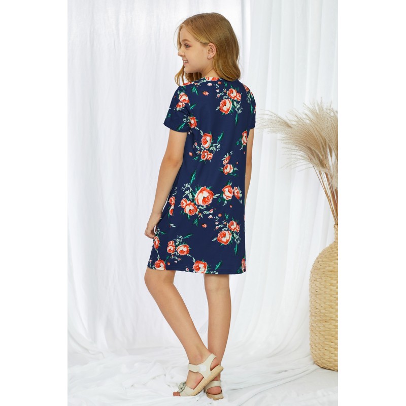 Blue Floral Print Twist Knot V Neck Girl's Mini Dress Blue Floral Print Twist Knot V Neck Girl's Mini Dress