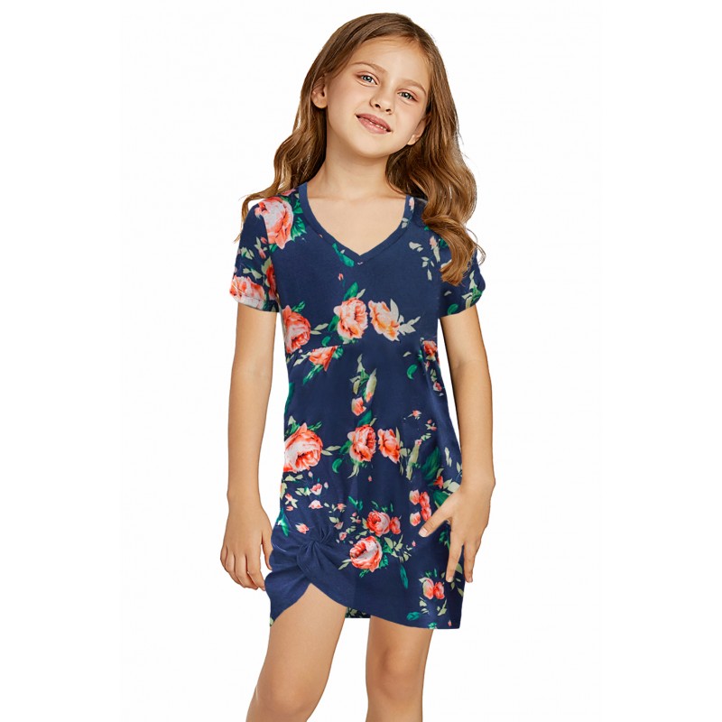 Blue Floral Print Twist Knot V Neck Girl's Mini Dress Blue Floral Print Twist Knot V Neck Girl's Mini Dress