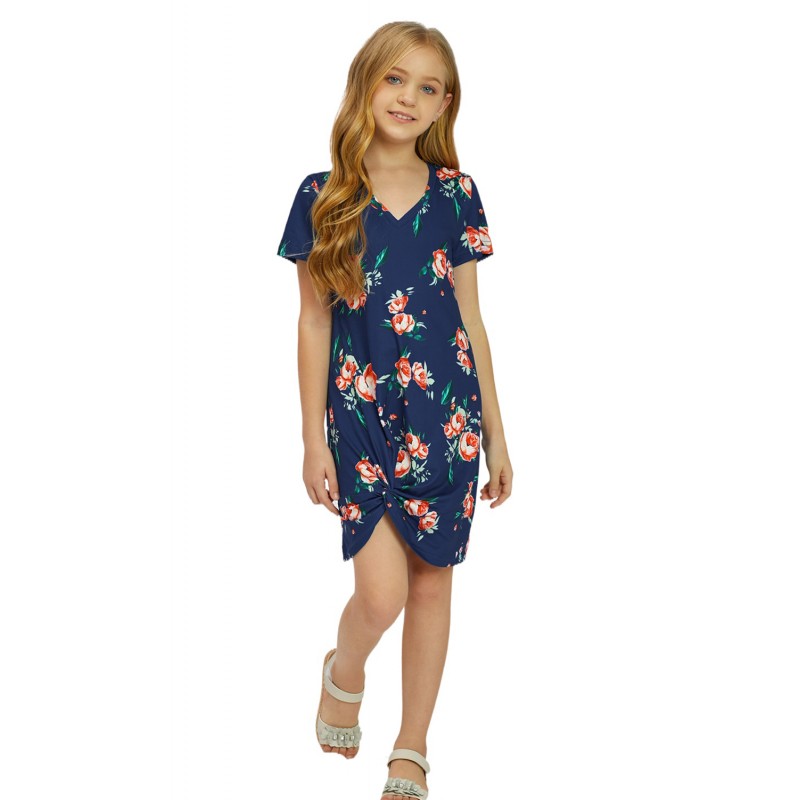 Blue Floral Print Twist Knot V Neck Girl's Mini Dress Blue Floral Print Twist Knot V Neck Girl's Mini Dress