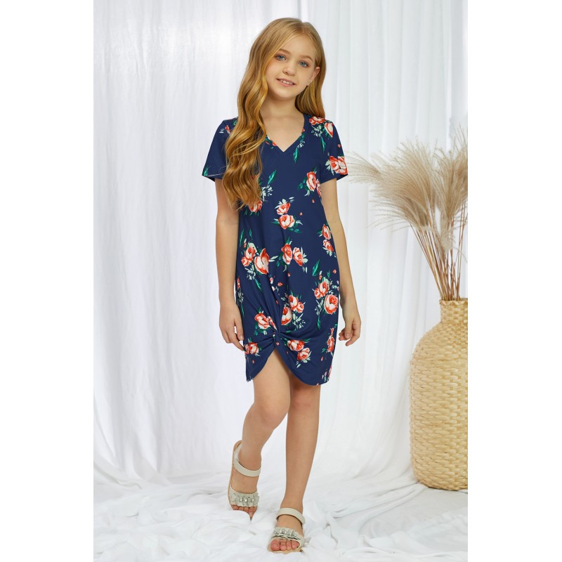 Blue Floral Print Twist Knot V Neck Girl's Mini Dress Blue Floral Print Twist Knot V Neck Girl's Mini Dress