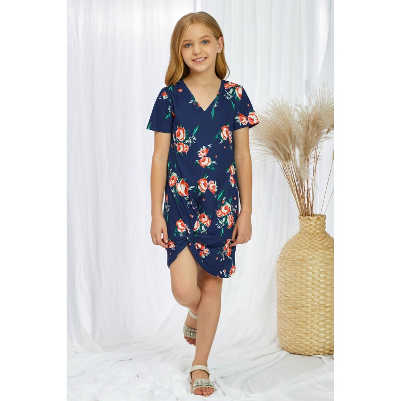 Blue Floral Print Twist Knot V Neck Girl's Mini Dress Blue Floral Print Twist Knot V Neck Girl's Mini Dress