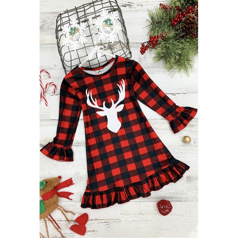 Girls Plaid Reindeer Graphic Ruffled Dress Girls Plaid Reindeer Graphic Ruffled Dress