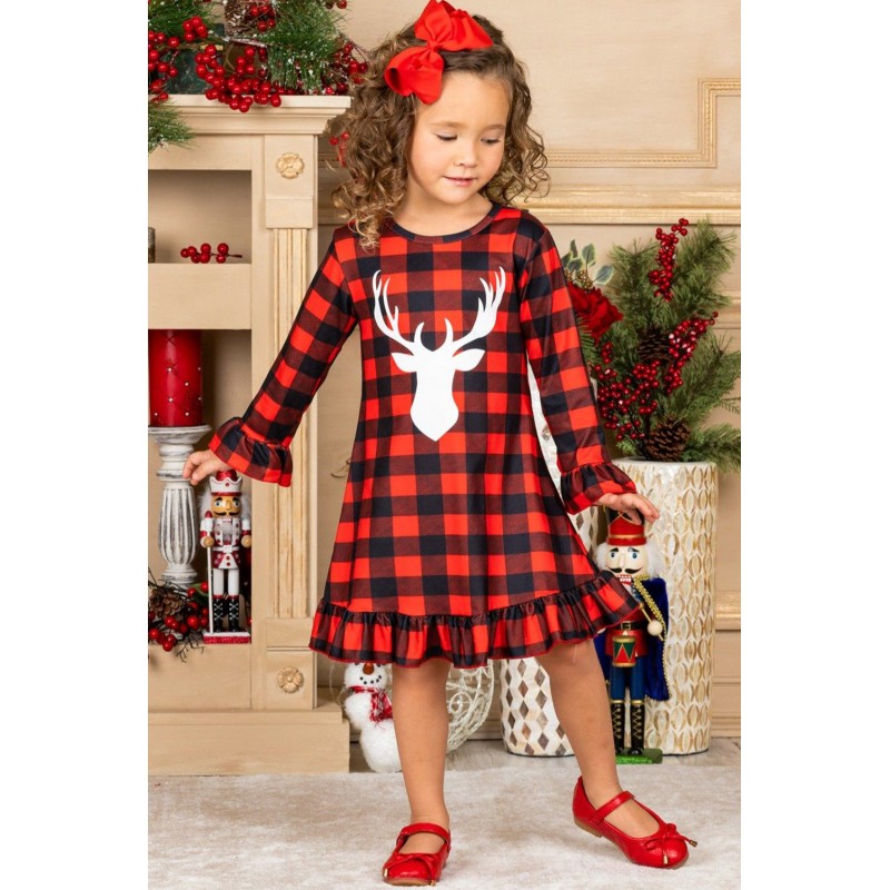 Girls Plaid Reindeer Graphic Ruffled Dress Girls Plaid Reindeer Graphic Ruffled Dress