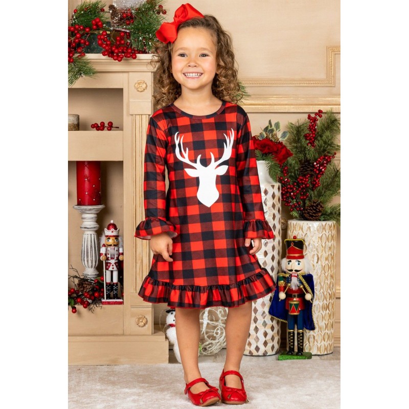 Girls Plaid Reindeer Graphic Ruffled Dress Girls Plaid Reindeer Graphic Ruffled Dress