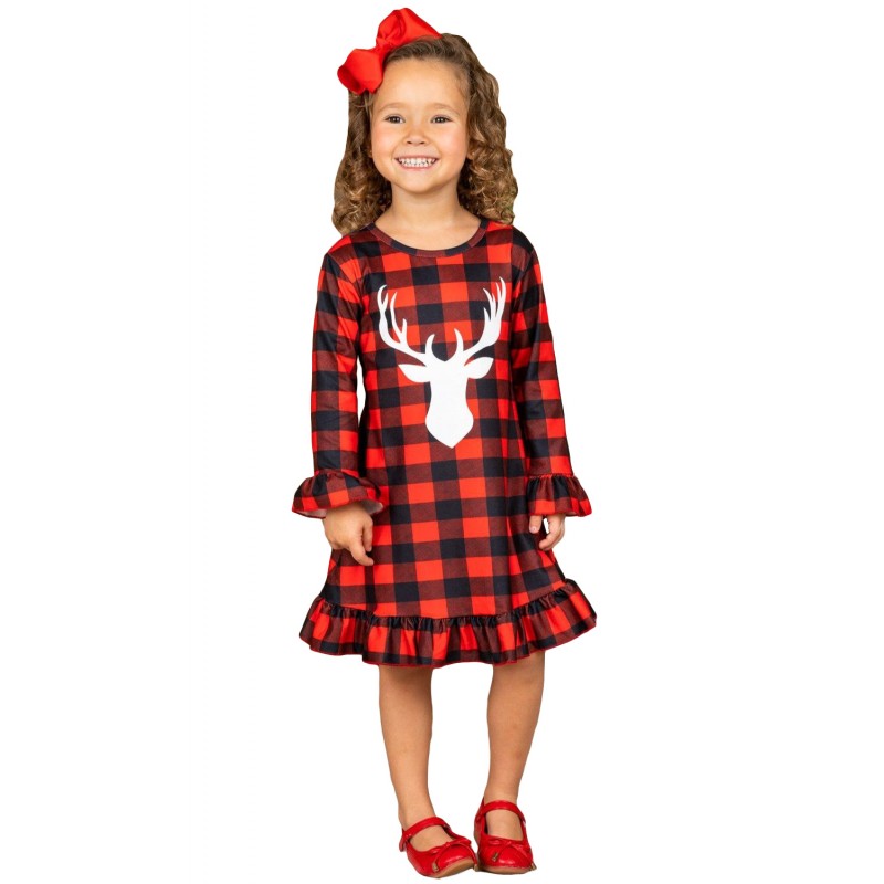Girls Plaid Reindeer Graphic Ruffled Dress Girls Plaid Reindeer Graphic Ruffled Dress