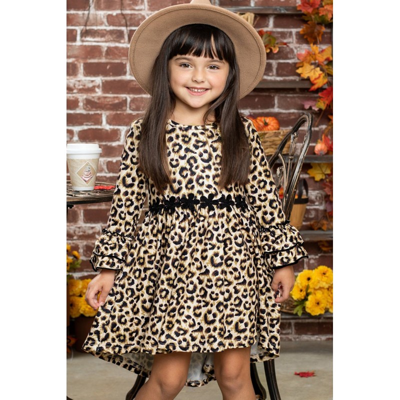 Girls Hi-lo Crochet Trim Ruffled Sleeve Leopard Dress Girls Hi-lo Crochet Trim Ruffled Sleeve Leopard Dress