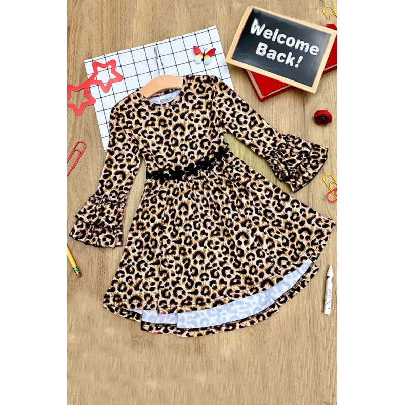 Girls Hi-lo Crochet Trim Ruffled Sleeve Leopard Dress Girls Hi-lo Crochet Trim Ruffled Sleeve Leopard Dress