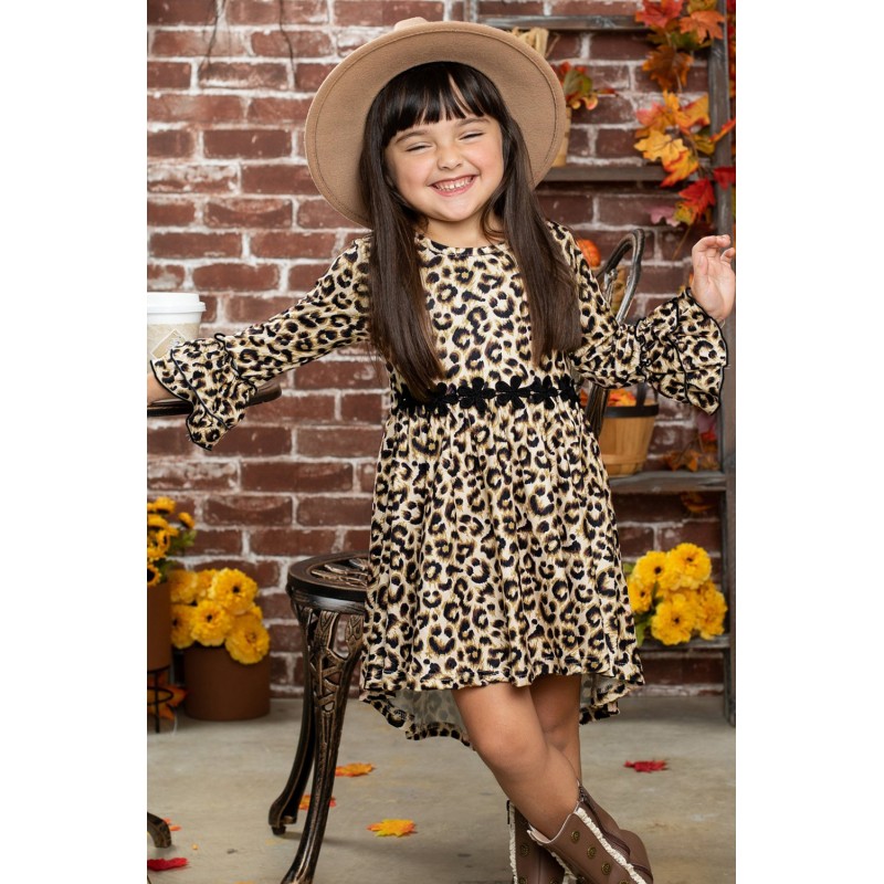 Girls Hi-lo Crochet Trim Ruffled Sleeve Leopard Dress Girls Hi-lo Crochet Trim Ruffled Sleeve Leopard Dress