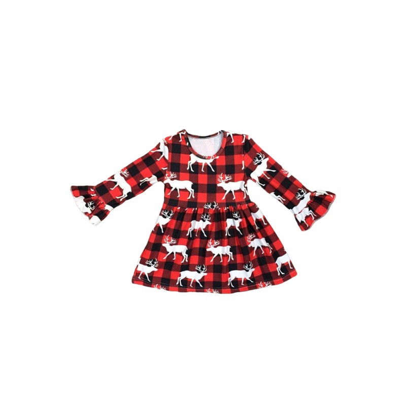 Girls Reindeer Allover Plaid Ruffled Christmas Dress Girls Reindeer Allover Plaid Ruffled Christmas Dress