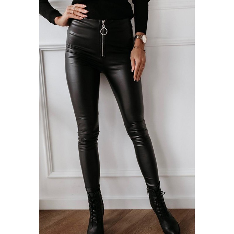 Black Solid Skinny Zipper PU Pants Black Solid Skinny Zipper PU Pants