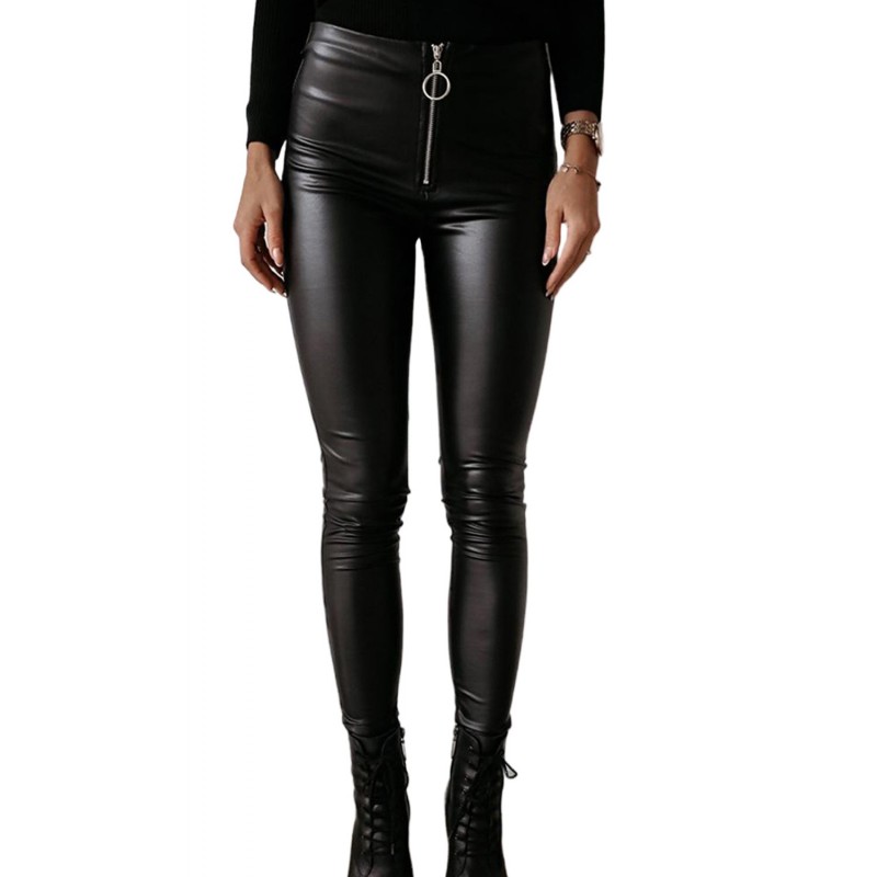 Black Solid Skinny Zipper PU Pants Black Solid Skinny Zipper PU Pants