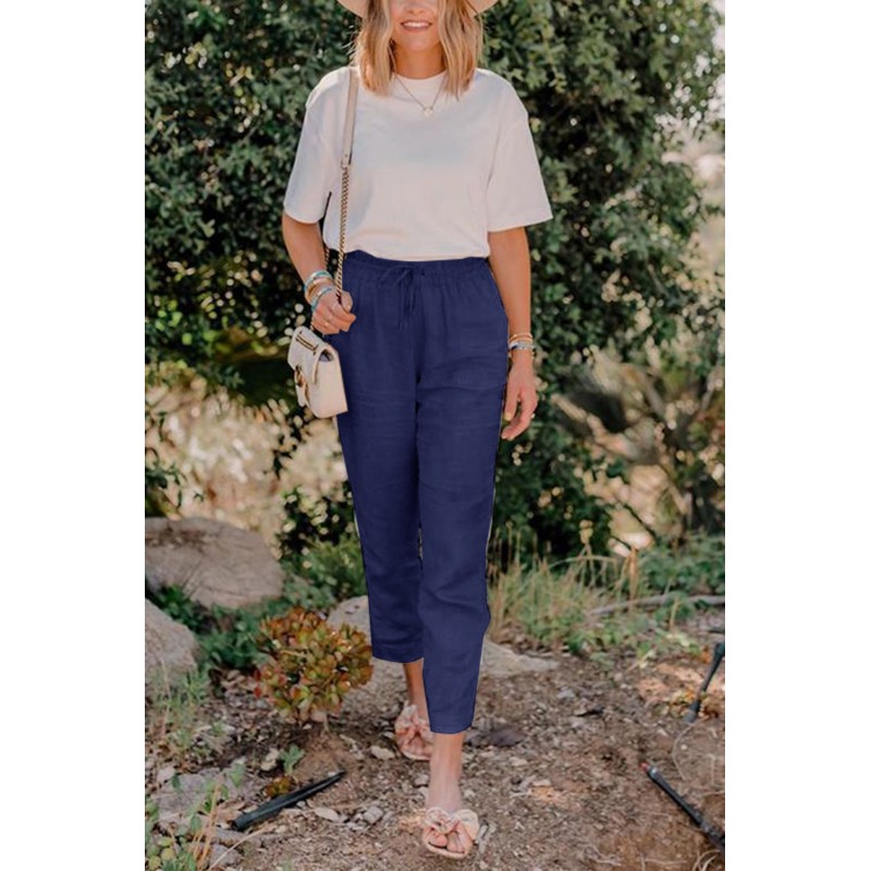 Blue Drawstring Elastic Waist Pockets Long Straight Legs Pants Blue Drawstring Elastic Waist Pockets Long Straight Legs Pants