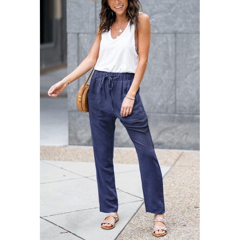 Blue Drawstring Elastic Waist Pockets Long Straight Legs Pants Blue Drawstring Elastic Waist Pockets Long Straight Legs Pants