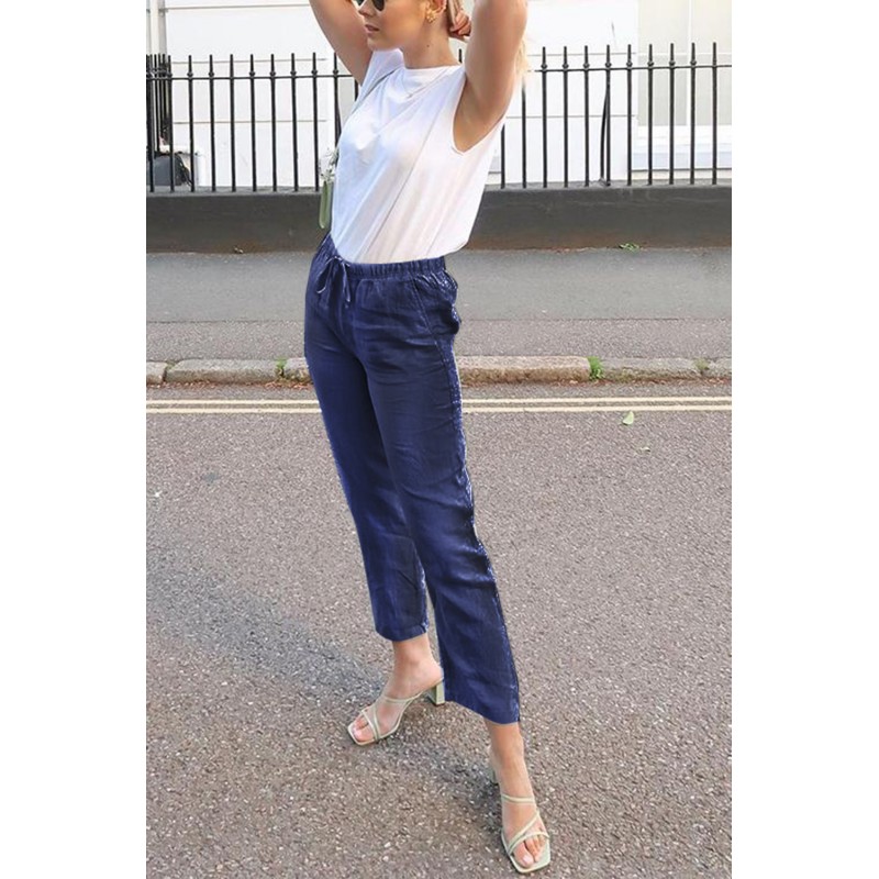 Blue Drawstring Elastic Waist Pockets Long Straight Legs Pants Blue Drawstring Elastic Waist Pockets Long Straight Legs Pants